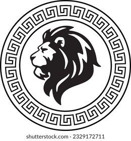 Circular design with lion head sketch art with the royal crown for stamps, logo, tattoos, and printing