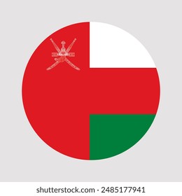 Circular Design of the Official Flag of Oman with National Emblem - Khanjar and Two Crossed Swords, Featuring Prominent Red, White, and Green Sections