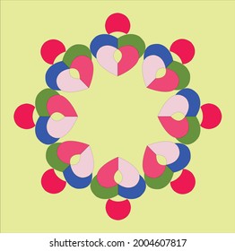Circular Design pattern with colorful heart shape on yellow color background.