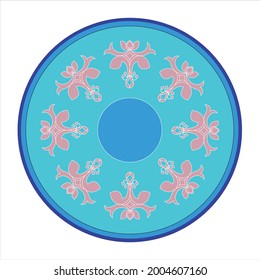 Circular Design pattern with Indian motif  with lotus and leaves on blue color circle on white color background.