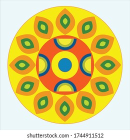circular design pattern with multi color rangoli kolam green and orange petals on yellow background