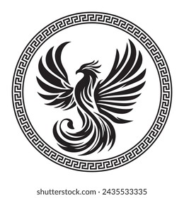 Circular design with Phoenix sketch art for stamps, logos, tattoos, and printing
