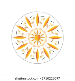 Diseño circular con Formas naranjas radiantes y líneas de remolino sobre un fondo blanco. Diseño Mandala.