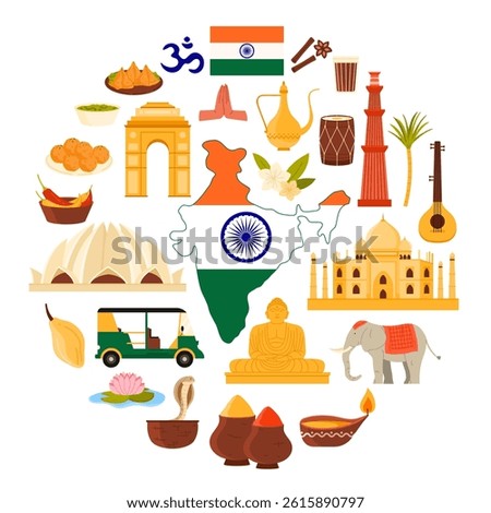 Circular design showcasing Indian culture with traditional landmarks, food, symbols, and heritage items like Taj Mahal, spices, and musical instruments. Vibrant vector illustration for cultural themes