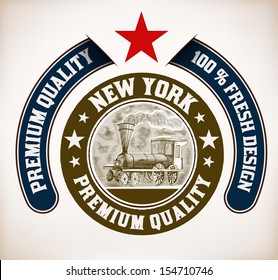 Circular design with stars, old train with engraving style