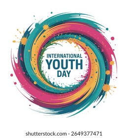 A circular design with swirling brush strokes and paint splatters in shades of teal, pink, yellow, and dark blue. The words "INTERNATIONAL YOUTH DAY" are centered within the design.