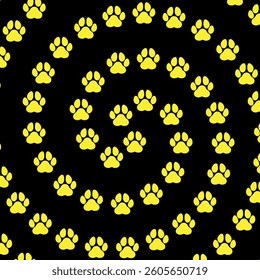 Circular design of yellow paws on a black background