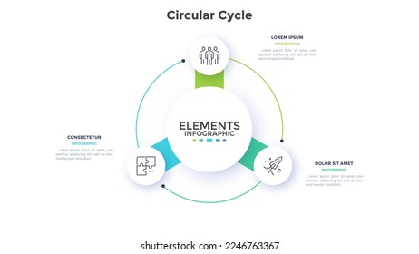 Circular diagram with 3 round elements placed around center. Concept of three stages of cyclic process. Minimal infographic design template. Modern flat vector illustration for strategic planning.