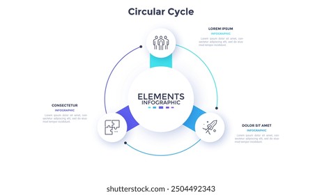 Circular diagram with 3 round elements placed around center. Concept of three stages of cyclic business process. Minimal infographic design template. Modern flat vector illustration for planning.