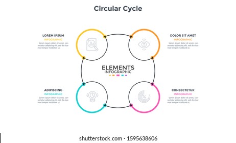 Circular diagram with 4 connected round elements. Concept of four steps of closed business cycle. Modern flat infographic design template. Minimal vector illustration for cyclic process visualization.