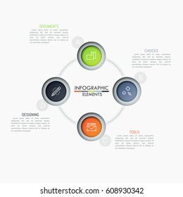 Circular diagram with 4 connected round elements, pictograms and text boxes. Steps of production process cycle concept. Modern infographic design template. Vector illustration for brochure, report.