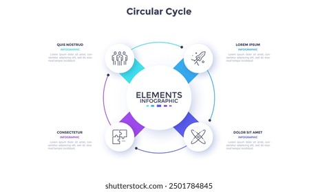 Circular diagram with 4 round elements placed around center. Concept of four stages of cyclic business process. Minimal infographic design template. Modern flat vector illustration for planning.