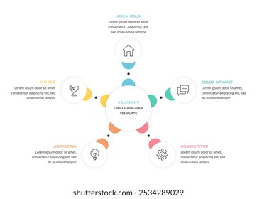 Diagrama circular com 5 elementos, modelo infográfico de um processo com 5 estágios, ilustração vetorial eps10