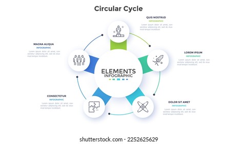 Circular diagram with 5 round elements placed around center. Concept of five stages of cyclic business process. Minimal infographic design template. Modern vector illustration for strategic planning.