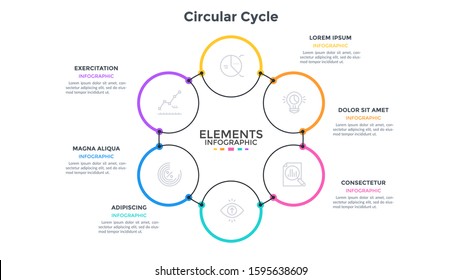 Circular diagram with 6 connected round elements. Concept of six steps of closed business cycle. Modern flat infographic design template. Minimal vector illustration for cyclic process visualization.