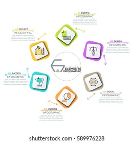 Circular diagram, 6 rounded rectangles with icons in thin line style successively connected by arrows. Infographic design template. Steps of business cycle concept. Vector illustration for brochure.