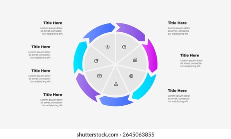 Circular diagram with 7 arrows and icons presents organized infographic data. Accompanied by placeholder text titles, suitable for business flowcharts, data visualization, or team presentations