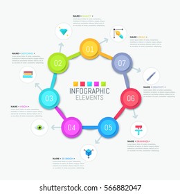 Circular diagram with 7 numbered elements, arrows, pictograms and text boxes. Options of website development concept. Unique infographic design layout. Vector illustration for presentation, report.
