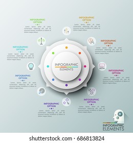 Circular diagram with 8 arrows pointing at thin line pictograms and text boxes. Eight steps of productive business process. Creative infographic design template. Vector illustration for presentation.