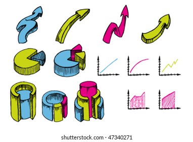 circular diagram, arrow and graph in financial symbols doodles hand drawn set