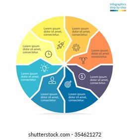 Circular diagram with arrows inside. Pie chart, graph, diagram with 8 steps, options, parts, processes. Vector circle template in blue and yellow.