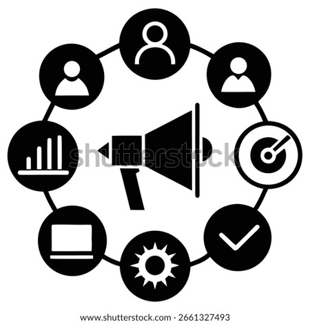 A circular diagram in black and white featuring icons representing people, analytics, a target, a checkmark, a sun, a laptop, and a megaphone at the center.
