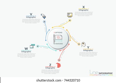 Circular diagram with central round paper white element connected with 5 thin line icons and text boxes. Concept of five services provided by company. Infographic design layout. Vector illustration.