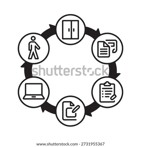 Circular diagram depicting a process flow with six distinct icon stages