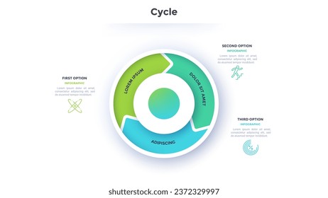 Circular diagram divided into 3 colorful arrow-like parts. Concept of three stages of cyclic process. Simple infographic design template. Flat vector illustration for visualization of business data.