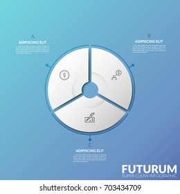Circular diagram divided into 3 sectors with thin line symbols inside and text boxes. Three options of personal financial planning concept. Futuristic infographic design template. Vector illustration.