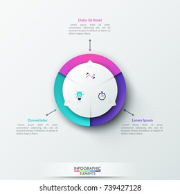 Circular diagram divided into 3 equal parts with thin line symbols inside and arrows pointing at text boxes. Concept of three options to choose. Bright infographic design layout. Vector illustration.