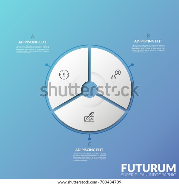 Circular diagram divided into 3 sectors\
with thin line symbols inside and text boxes. Three options of\
personal financial planning concept. Futuristic infographic design\
template. Vector\
illustration.