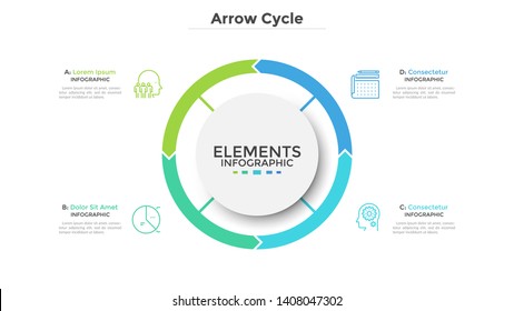 Circular diagram divided into 4 colorful arrow-like parts. Concept of four stages of cyclic process. Simple infographic design template. Flat vector illustration for visualization of business data.