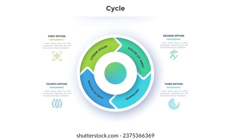 Circular diagram divided into 4 colorful arrow-like parts. Concept of four stages of cyclic process. Simple infographic design template. Flat vector illustration for visualization of business data.