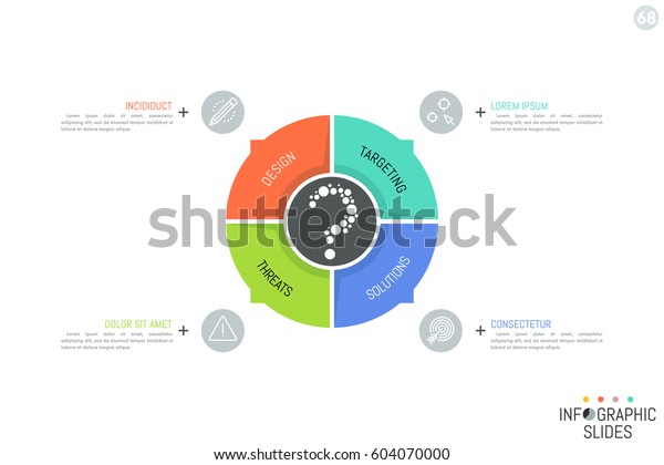 Circular diagram divided into 4 colorful\
sectors with arrows pointing at text boxes. Simple infographic\
design template. Vector illustration for presentation, report,\
website, banner,\
brochure.