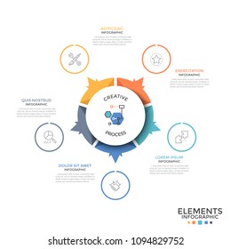 Circular diagram divided into 5 equal colorful pieces or sectors with arrows pointing at linear icons and text boxes. Unusual infographic design template. Vector illustration for brochure, report.