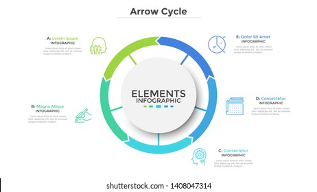 Circular diagram divided into 5 colorful arrow-like parts. Concept of five stages of cyclic process. Simple infographic design template. Flat vector illustration for visualization of business data.