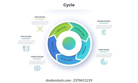 Circular diagram divided into 5 colorful arrow-like parts. Concept of five stages of cyclic process. Simple infographic design template. Flat vector illustration for visualization of business data.