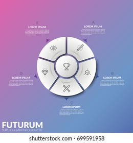 Circular diagram divided into 5 sectors and central round element with thin line signs and arrows pointing at text boxes. Cyclic process visualization. Infographic design layout. Vector illustration.