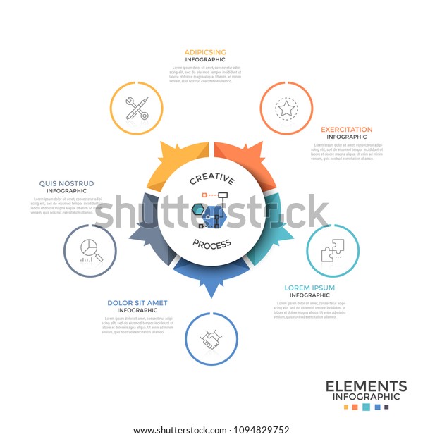 Circular diagram divided into 5 equal colorful\
pieces or sectors with arrows pointing at linear icons and text\
boxes. Unusual infographic design template. Vector illustration for\
brochure, report.