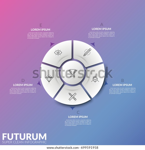 Circular diagram divided into 5 sectors and\
central round element with thin line signs and arrows pointing at\
text boxes. Cyclic process visualization. Infographic design\
layout. Vector\
illustration.