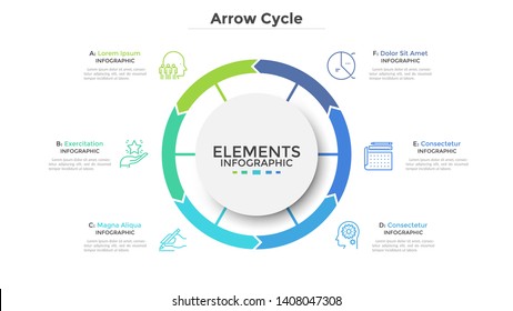 Circular Diagram Divided Into 6 Colorful Arrow-like Parts. Concept Of Six Stages Of Cyclic Process. Simple Infographic Design Template. Flat Vector Illustration For Visualization Of Business Data.