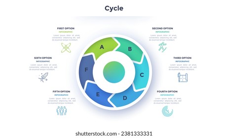 Circular diagram divided into 6 colorful arrow-like parts. Concept of six stages of cyclic process. Simple infographic design template. Flat vector illustration for visualization of business data.