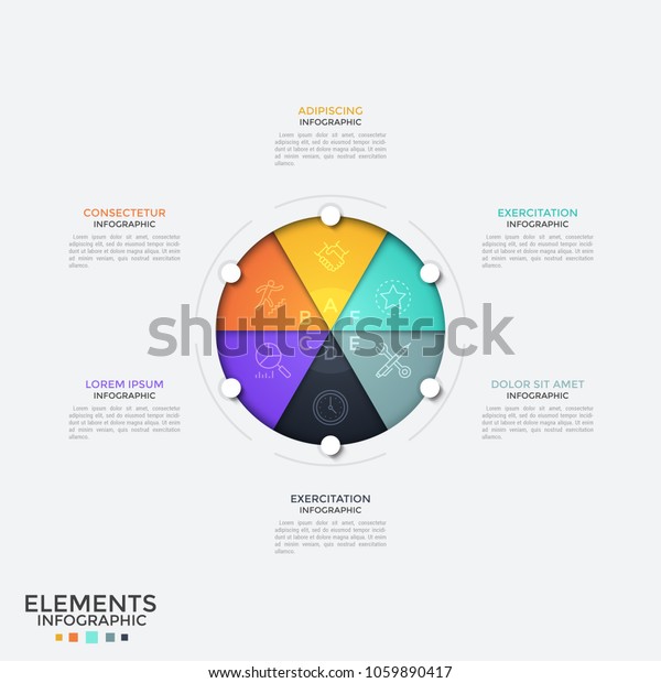 Circular diagram divided into 6 colorful\
pieces with letters and linear icons inside, text boxes. Concept of\
six characteristics of business project. Infographic design\
template. Vector\
illustration.