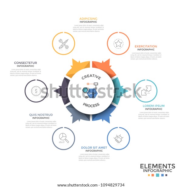 Circular diagram divided into 6 equal colorful\
pieces or sectors with arrows pointing at linear icons and text\
boxes. Unusual infographic design template. Vector illustration for\
brochure, report.