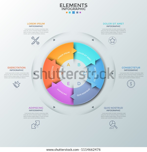Circular diagram divided into 6 colorful\
pieces with arrows, thin line icons and text boxes. Concept of six\
successive steps of business development. Infographic design\
template. Vector\
illustration.