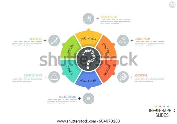 Circular diagram divided into 6 sectors with\
arrows pointing at icons and text boxes. Simple infographic design\
layout. Frequently asked questions concept. Vector illustration for\
website, user guide.