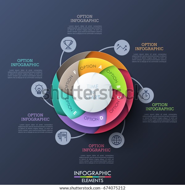 Circular diagram divided into 6\
multicolored spiral sectors connected with thin line icons and text\
boxes. Six features of business development process. Infographic\
design layout. Vector\
illustration.