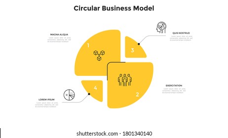 Circular diagram divided into four pieces or sectors. Concept of 4 parts of business strategy plan. Modern flat infographic design template. Minimal vector illustration for information visualization.