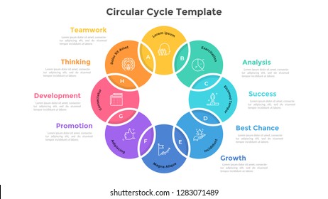 Circular diagram with eight intersected colorful round elements. Creative infographic design template. Concept of 8 stages of production cycle. Flat vector illustration for report, brochure.